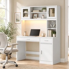 White Computer Desk with Hutch LED Lighting Outlet USB Port 47.3 Inch