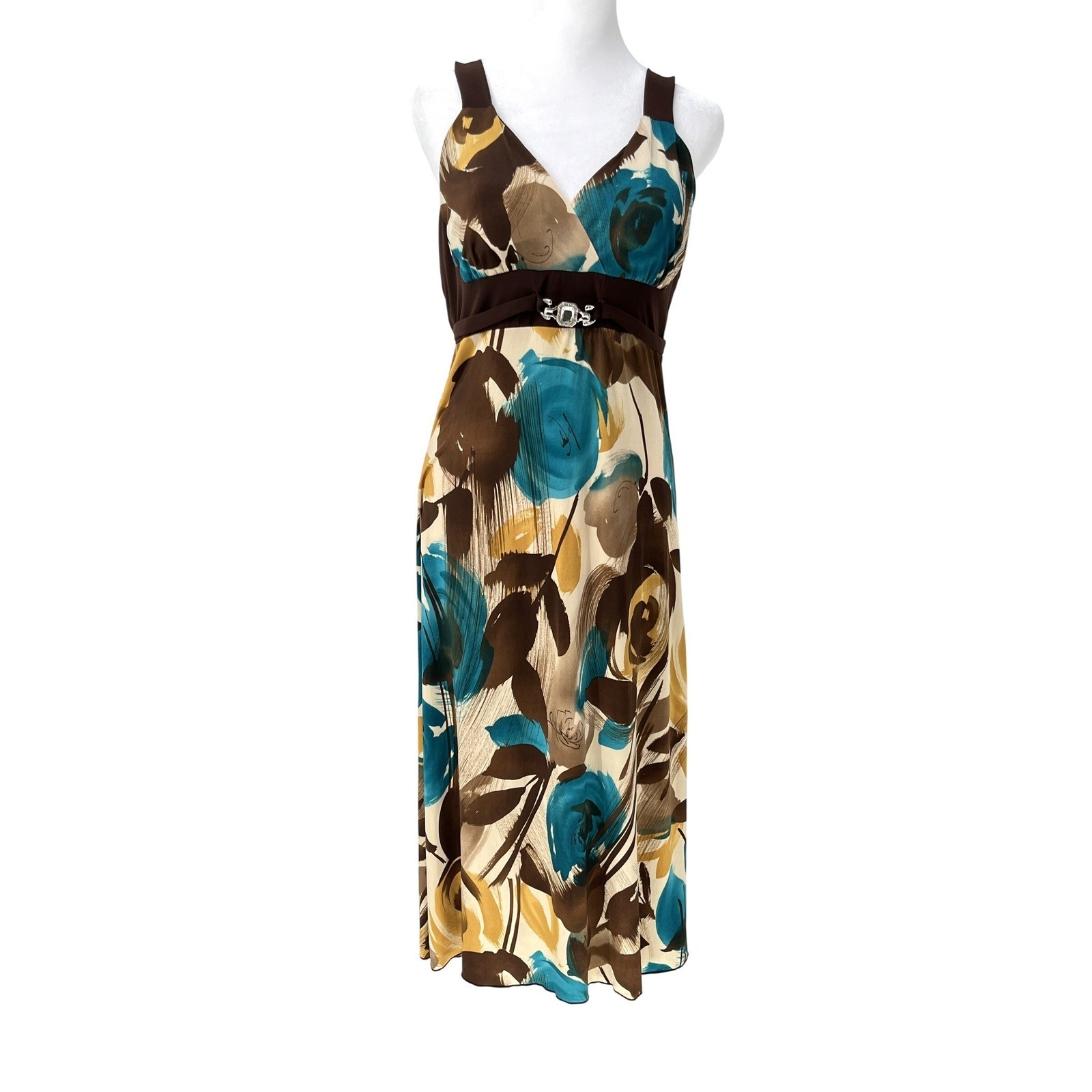 Vintage Y2K Abstract Floral XL Midi Dress Stretchy Brown Empire Waist Belt