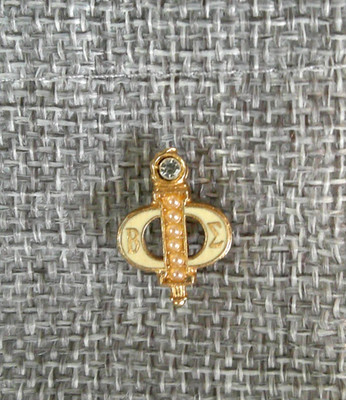 Vintage College Gold Tone Beta Phi Sigman Sorority Pin, Faux Pearls & Rhinstone
