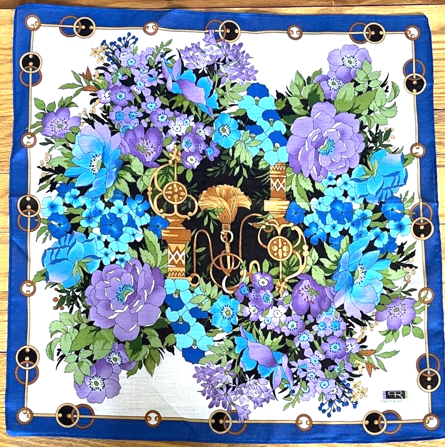 Vintage Floral Square Scarf Set Blue Gold 3 Pc Lot Head Neck Hair Scarves