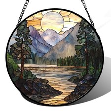 Stained Glass Window Hanging, Sunset Mountains Lake 9.8x9.8 IN 1-yellow Green