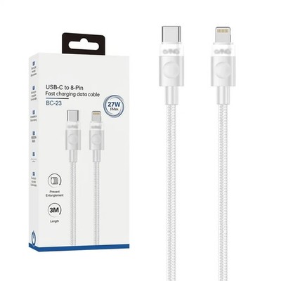 27W Schnell Ladekabel USB-C auf Lightning 3M Geflochtene Schnur Weiß