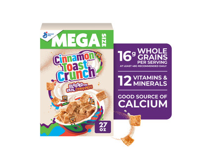 CINNAMON TOAST CRUNCH: Mega Size 27 oz box of crispy cinnamon-flavored breakfast