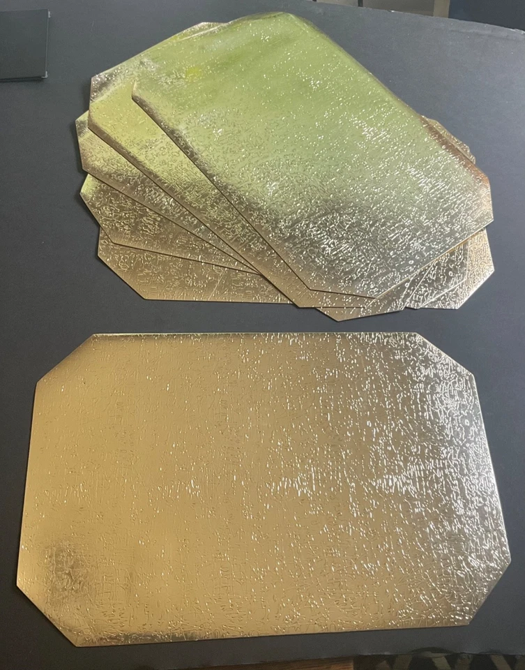 Vintage 1980er Set 6 Gold Metallic Tischsets Vinyl Struktur Platzmatten Kmart Neu aus altem Lagerbestand