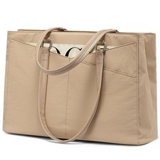 LOVEVOOK 15.6" Laptop Tote Bag Waterproof Leather Business Work Bag Khaki