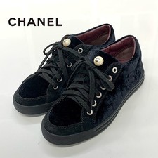 CHANEL Women's Sneakers Coco Mark Pearl Velour Suede Size US 5 Black