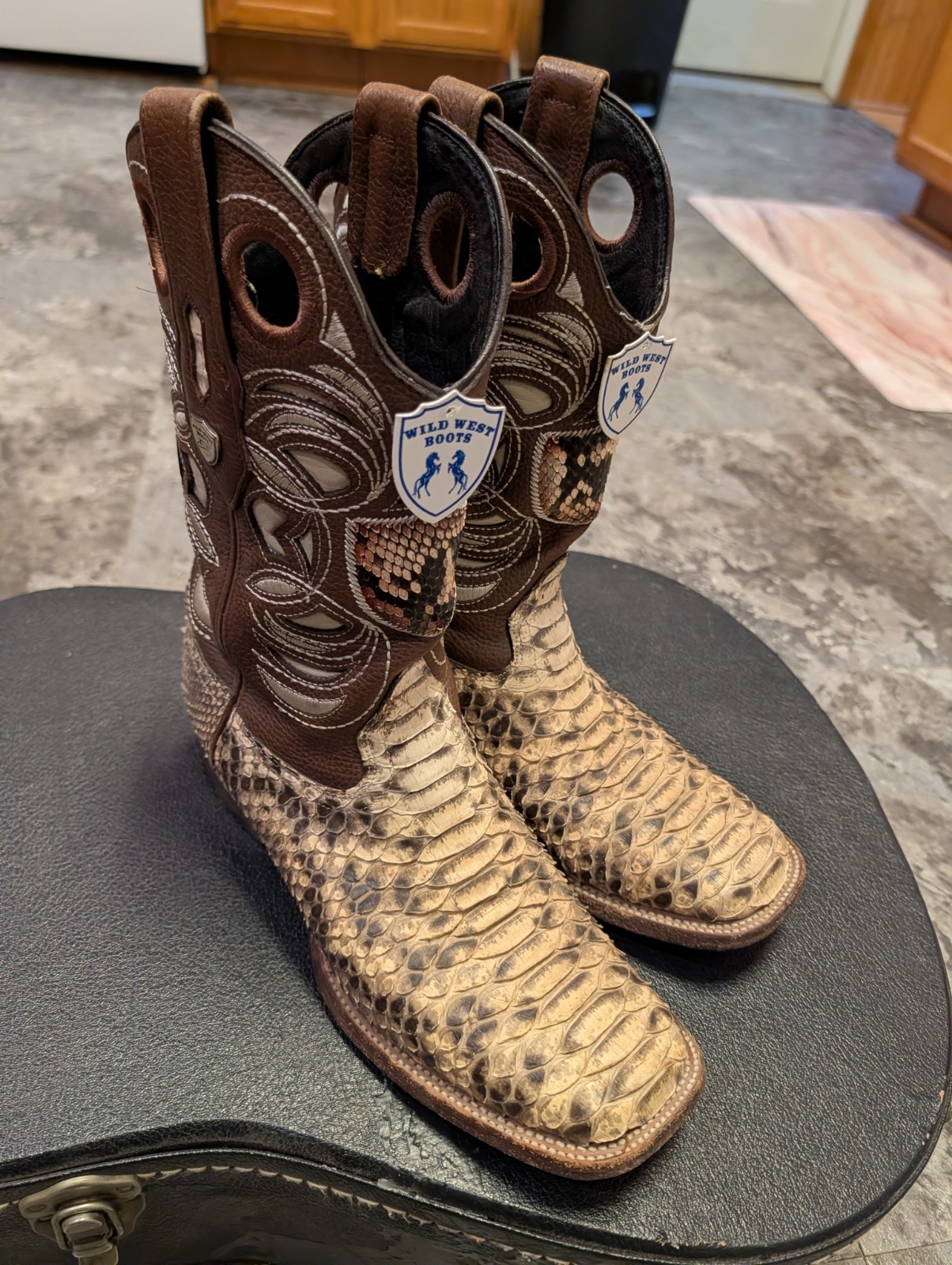 Wild West Handmade Genuine Python Leather Cowboy Boots Blue, Size 10 .5