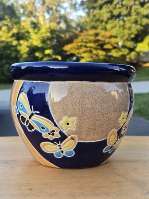 Ceramic Glazed Cobalt Navy Blue Planter Pot Jardiniere Butterfly Flowers 