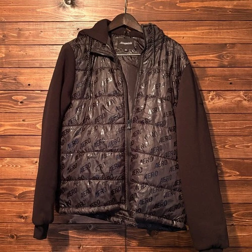 Aeropostale Aero 87 Puffer Jacket XL Black Logo Print Hooded Y2K Streetwear NWT - product listing photo