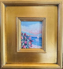 KADLIC Original Oil Painting Seascape Wildflowers Impasto Gold Gilt 12” Frame