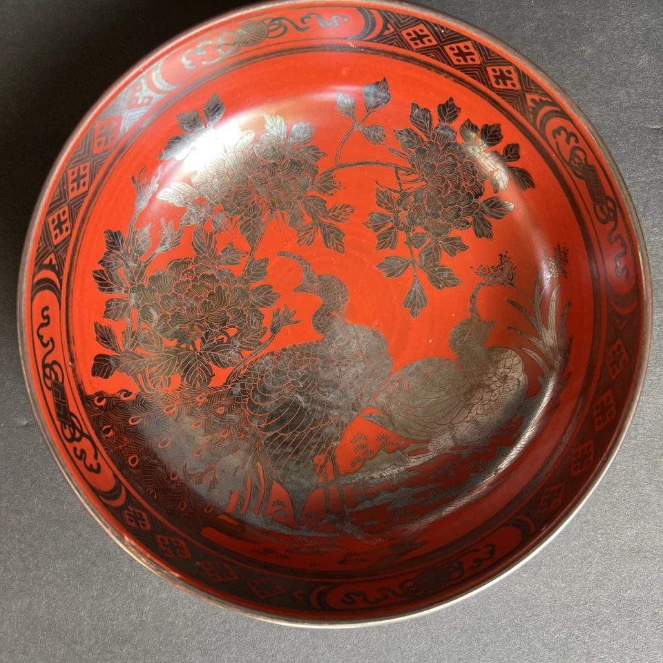 Meiji Japanese Eiraku Silver Kutani Bowl 7” Red Porcelain Cranes Peonies Signed - Image 2 of 4