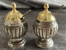 Vintage Silver & Gold Metal Salt Cellars with Cobalt Glass Inserts & Spoons