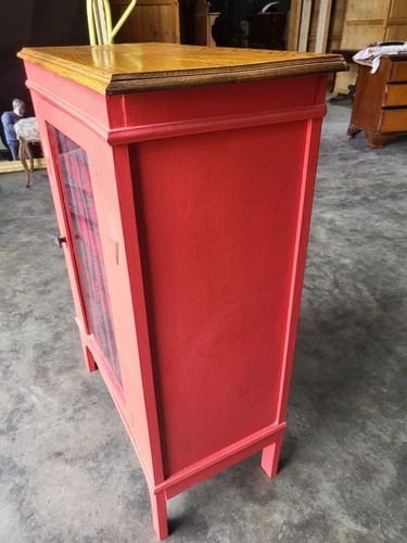 Vintage 20thC Small Red oak glazed side end cabinet cupboard shelves - Picture 10 of 10