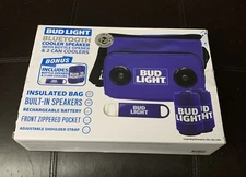 NIB BUD LIGHT Blue Soft Cooler With Built in Bluetooth Speaker Rechargeable OS