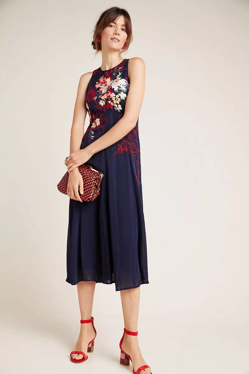 New Anthropologie Tanzine Embroidered Midi Dress Size 2 MSRP 230