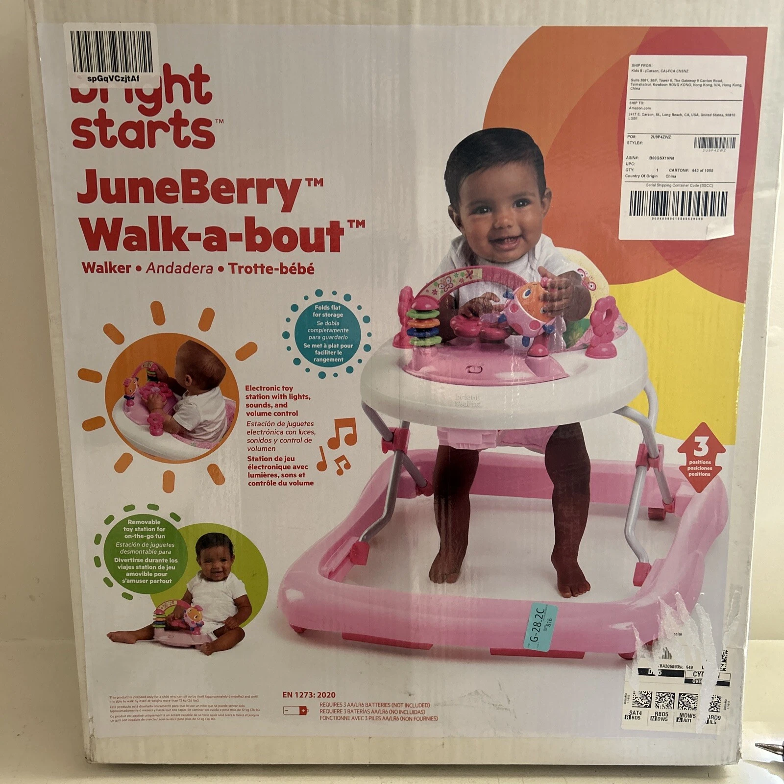 Bright Starts Walk-A-Bout Walker with Juneberry Delight Toy, 3 Adjustable Height