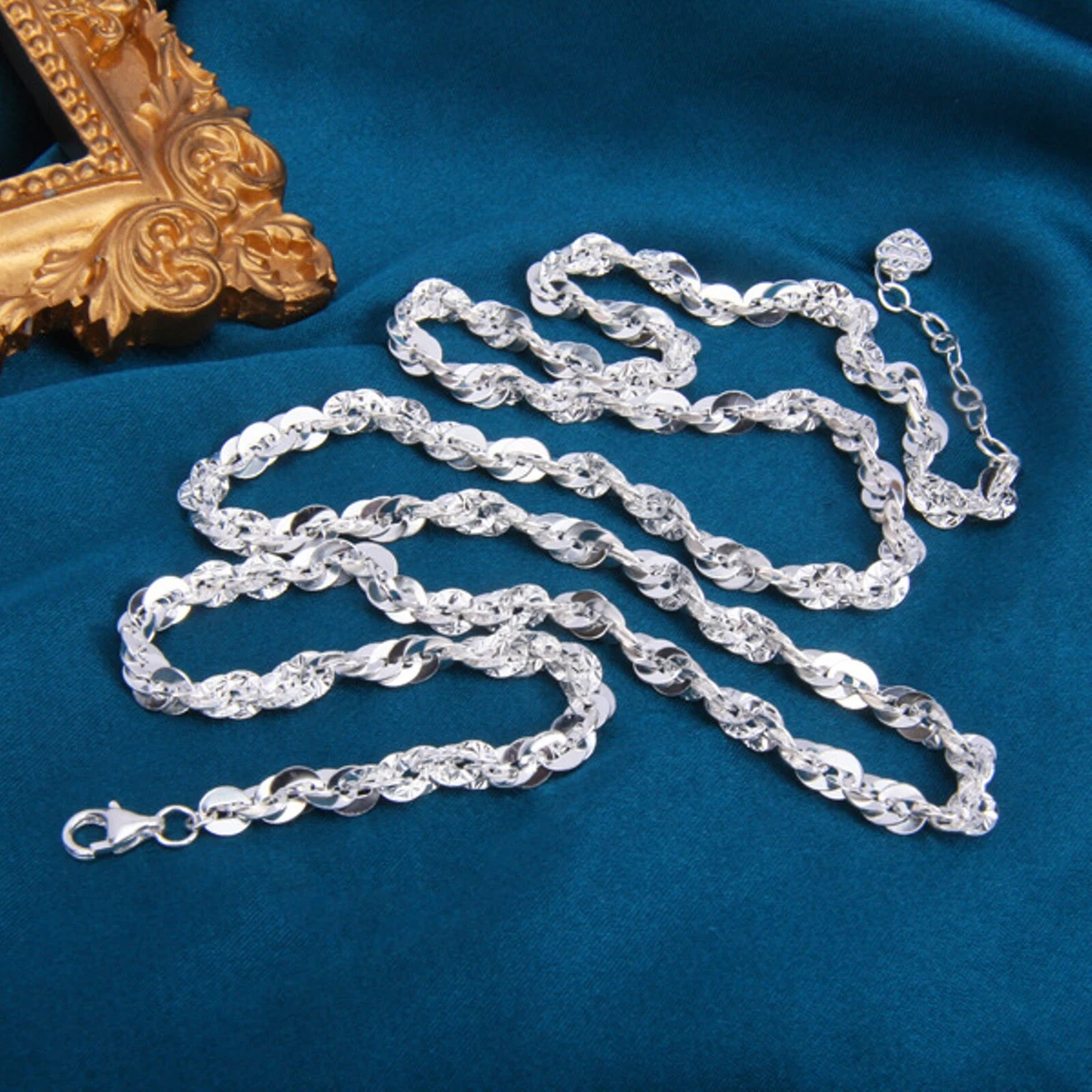 Real 925 Sterling Silver Chain Women Lucky Round Thin Slice Twist Necklace 15.1g