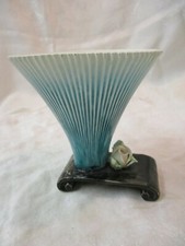Vintage Japan Ucagco ceramics Offset blue white ribbed Vase on black Stand
