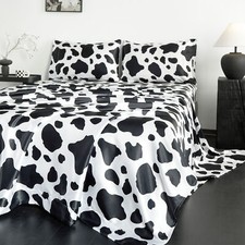 4Pcs Cow Pattern Satin Sheet Set Faux Silky B...