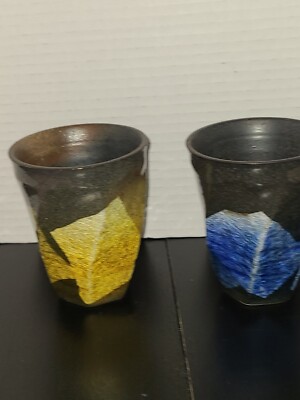 Kutani ware pair pottery glass, Blue & Yellow.Kutani Porcelain Tableware Silver 