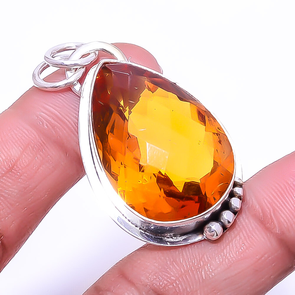 Citrine Gemstone 925 Sterling Silver Pendant Necklace Valentine's Day Gift 1.76 Inches  