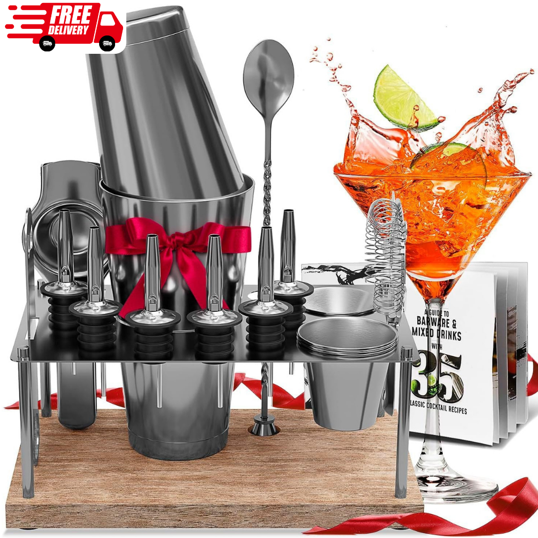 17-Piece Silver Cocktail Set | Professional Mixology Bartender Kit with 30oz Martini Shaker, Bar Tools & Accessories for Crafting Drinks
