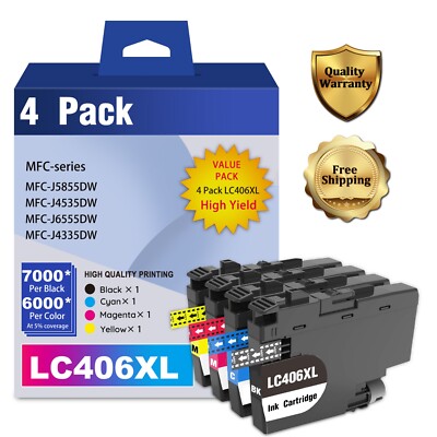 LC406XL Ink Cartridge 4PK Compatible for Brother MFC-J5855DW J4535DW
