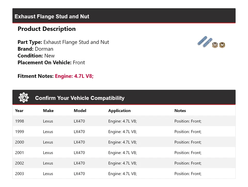 Para Lexus LX470 1998-2003 4,7 L V8 Dorman brida de escape perno y tuerca delantera 1999 Foto 2 de 3