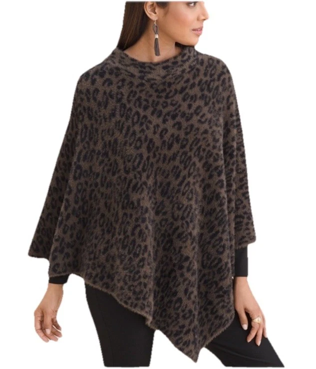 CHICO’S Women’s S/M Feather Knit Jacquard Poncho Leopard Print Soft Faux Fur