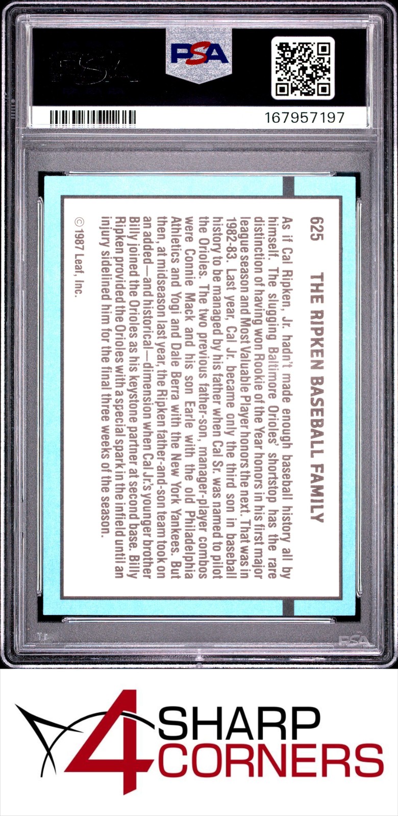 1988 DONRUSS #625 BILL RIPKEN-CAL RIPKEN SR.-CAL RIPKEN JR. PSA 10 view 2