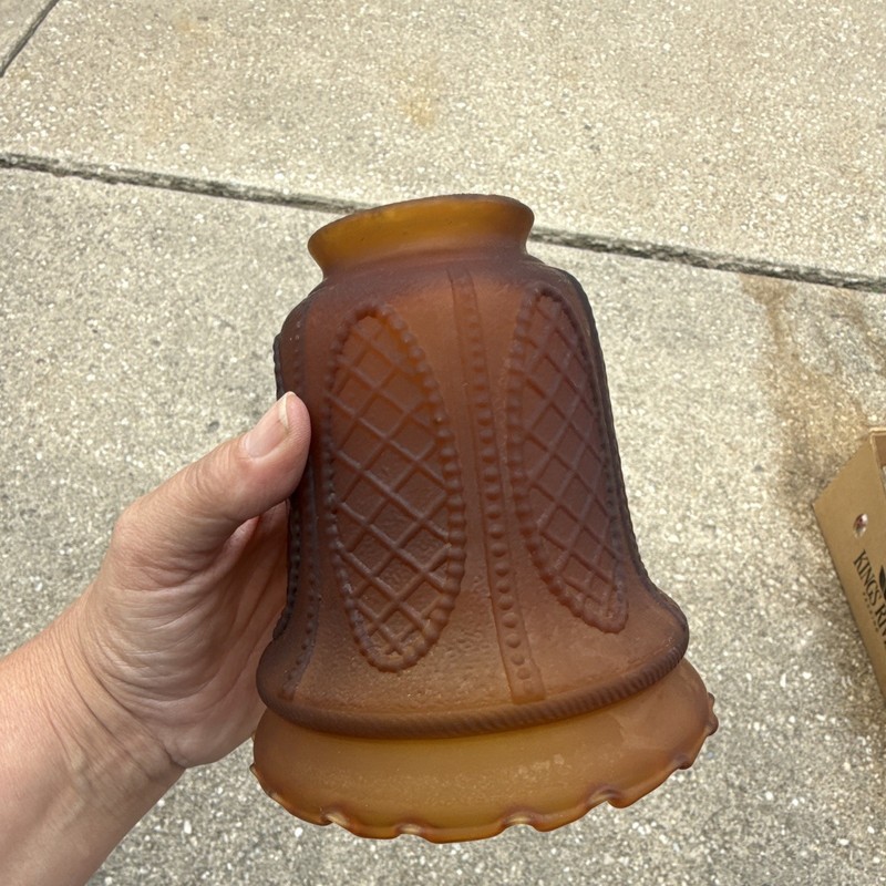 Frosted Amber Brown Glass Bell Lamp Shade, Diamond Pattern, Scalloped Rim