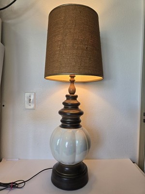 Vintage Mid-Century Pearl Ceramic ''Krom'' Cream and Brown Table Lamp