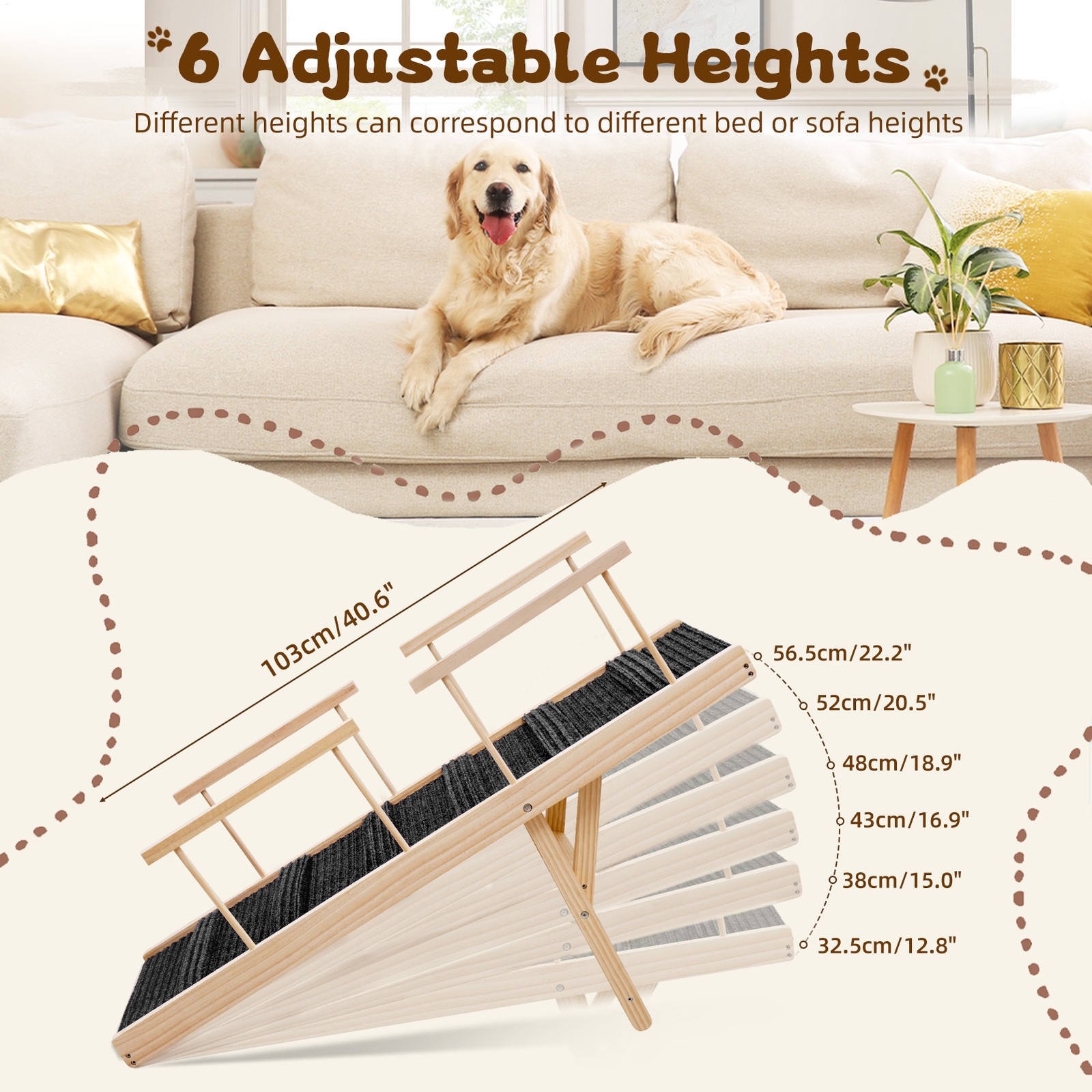 Folding Wooden Dog Ramp for High Bed Adjustable Pet Ramp Non-Slip Stair
