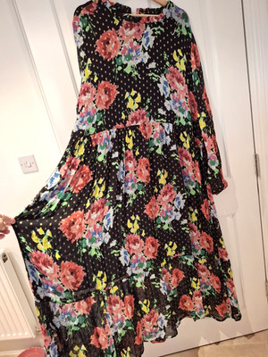 Sahara Maxi Dress Size 5 UK 20 22 Oversized Floral Bouquet Gold Polka Dot Sheer