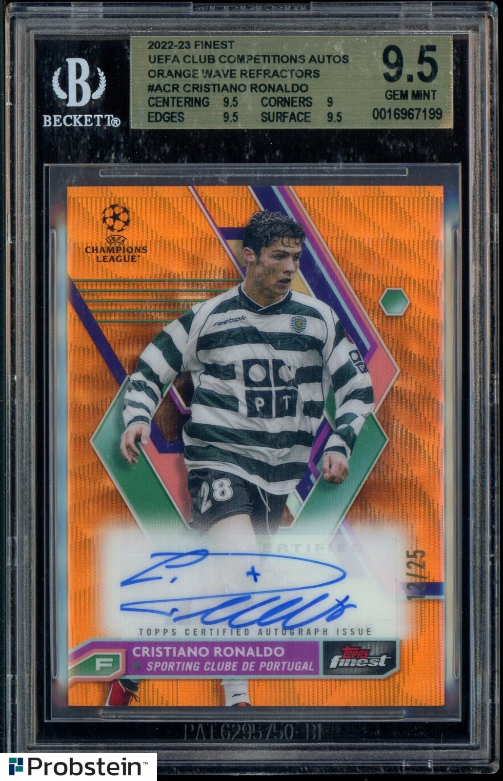 2022-23 Topps Finest Orange Wave Refractor Cristiano Ronaldo AUTO 12/25 BGS 9.5