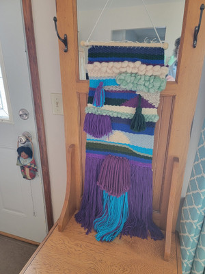 Turtle Mountain Native Yarn Fiber Art Wall Hanging Aqua Purple Blue