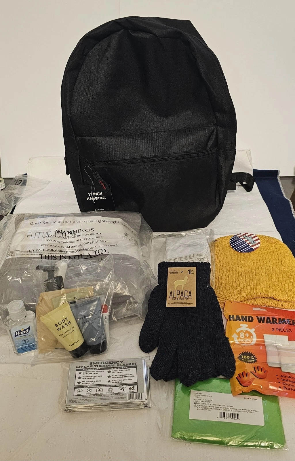 Survival Backpack For Cars Incl Blanket, Hat, Gloves, Toiletries Hand Warmers ++
