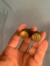 Vintage pair of SPOOL CABINET KNOBS  WOOD & BRASS  1&1/4" tall 7/8" wide