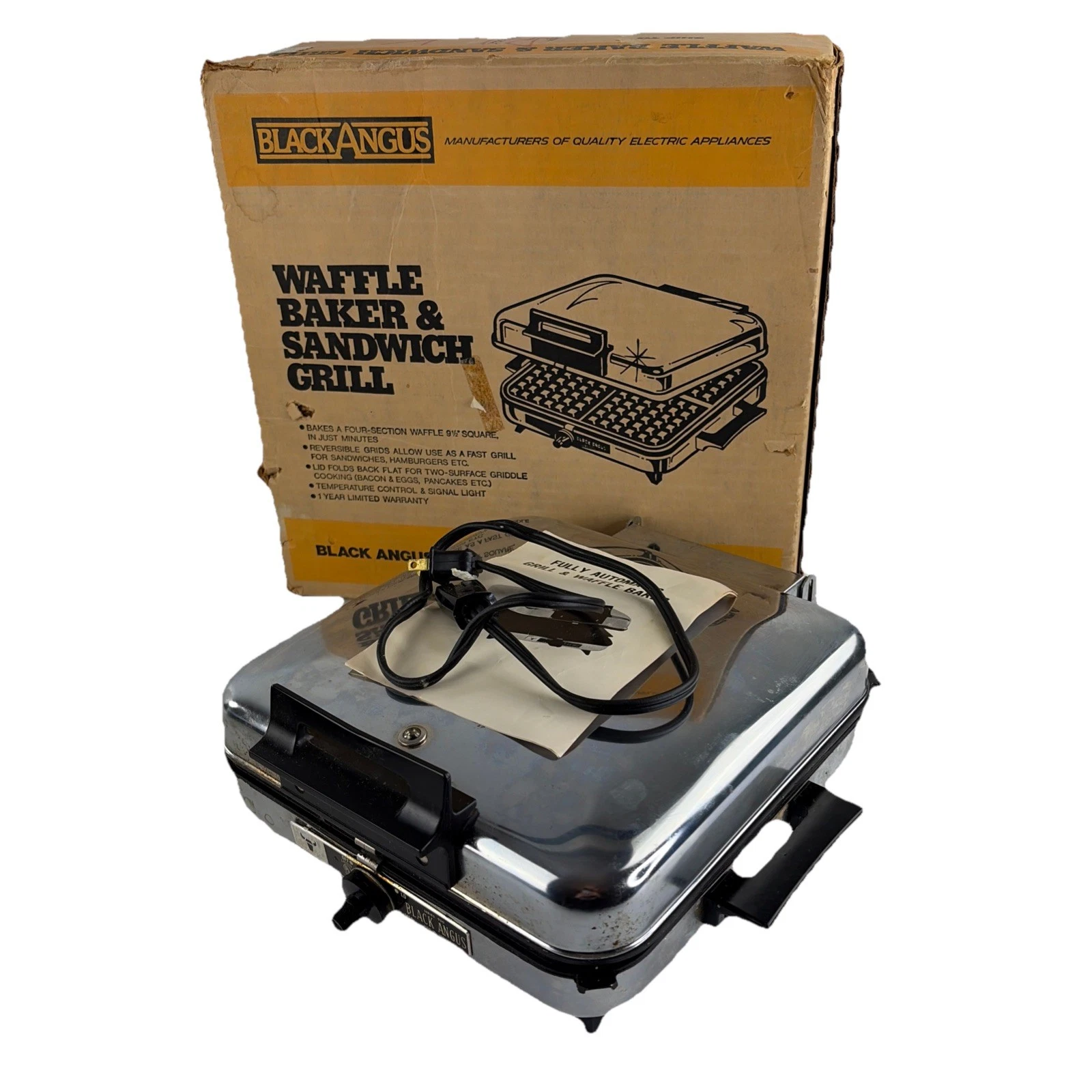 Vintage Black Angus Waffle Baker & Sandwich Grill 950 In Original Box 100% Works