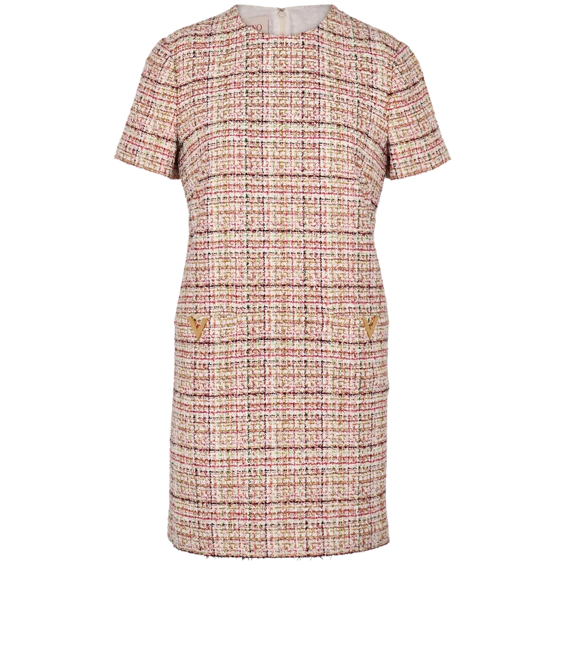 Valentino V Logo Metallic Tweed Dress Womens 10 Green Red White Viscose