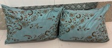 M&S 2x Feather Down Cushions Aqua Blue Bronze Embroidered Beaded Rectangle