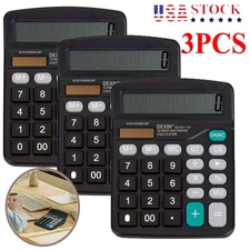 3PCS 12-Digit Calculator Big Button Desktop Math Display Solar Battery Powered