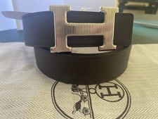Hermes Box Togo Strie 32mm H Belt 80 32 Silver/Grey / Purple