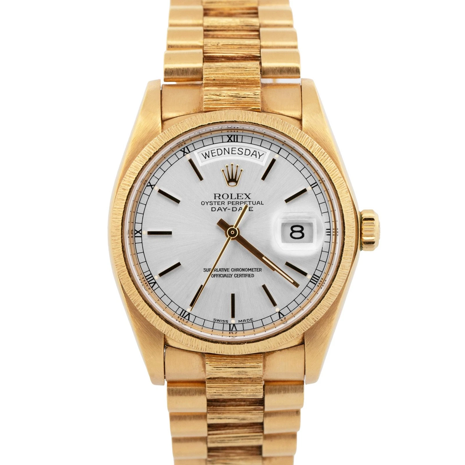Rolex Day-Date President 36mm Silver BARK Quickset 18K Yellow Gold Watch 18078