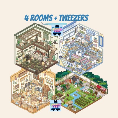 4 (3D) Isometric Scene Rooms.  Garden Party, Tea Shop, Kitchen, and Store.