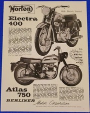 Publicité imprimée moto Norton Electra 400 et Atlas 750 1963 originale UK Cafe Racers