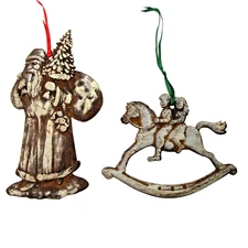 2 primitive Chrismas ornaments rusty metal Santa Rocking Horse handcrafted art