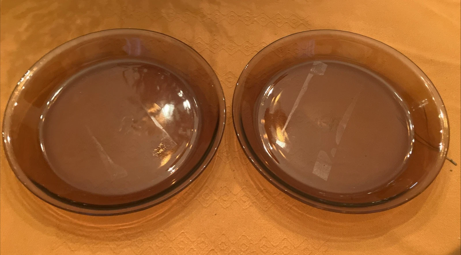 Set of 2 Vintage Amber Glass Pie Plates 9 Inch Brown Baking Dishes Round