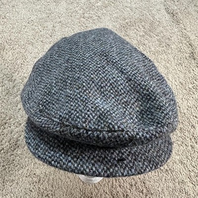 EWM Harris Tweed Hat Flat Cap Mens L Gray Herringbone Wool Winter Lined