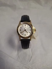 Esq by Movado Gold with Silver Dial Steel Black Leather Ladies Watch